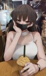  1girl blurry blurry_background breasts brown_eyes brown_hair cup disposable_cup hair_behind_ear head_tilt highres long_hair looking_at_viewer medium_breasts original photo_background purple_nails ryouma_(galley) shirt sitting sleeveless sleeveless_shirt solo starbucks watch white_shirt 