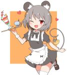  1girl ;d absurdres alternate_costume animal_ears apron bangs basket black_footwear border cup eyebrows_visible_through_hair food grey_hair heart highres holding holding_tray ice_cream leg_up looking_at_viewer mouse mouse_ears mouse_tail nazrin nihohohi one_eye_closed open_mouth orange_background red_eyes short_hair simple_background smile sweatdrop tail thigh-highs touhou tray v-shaped_eyebrows waist_apron waitress white_apron white_border white_legwear wrist_cuffs 