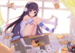  1girl absurdres asymmetrical_legwear azur_lane bangs black_hair blue_eyes book camera can chinese_commentary chips closed_mouth commentary_request curtains desk eyebrows_visible_through_hair feet flying_sweatdrops food from_side full_body headphones highres hugging_own_legs indoors kneehighs legs light_particles long_hair long_island_(azur_lane) looking_at_viewer manjuu_(azur_lane) mismatched_legwear no_shoes off_shoulder on_desk open_book panties panties_removed paper_airplane plant potato_chips potted_plant school_desk shebaotower shirt short_sleeves sitting striped striped_legwear striped_panties toy_airplane underwear white_legwear white_shirt window 
