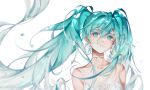  1girl aqua_eyes aqua_hair bare_shoulders collarbone dress earrings floating_hair hair_between_eyes hatsune_miku highres hoop_earrings jewelry long_hair neck_ribbon parted_lips ribbon solo tidsean twintails upper_body very_long_hair vocaloid white_background white_dress 