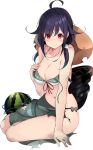  1girl bikini black_hair food fruit full_body green_sarong hat kantai_collection kujou_ichiso long_hair official_art print_sarong red_eyes remodel_(kantai_collection) ryuuhou_(kancolle) sarong solo sun_hat swimsuit taigei_(kancolle) torn_clothes torn_sarong transparent_background watermelon 