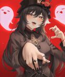  1girl bangs black_coat black_headwear blush breasts brown_hair claw_pose coat flower genshin_impact ghost hat hat_flower hu_tao_(genshin_impact) jewelry long_hair long_sleeves looking_at_viewer oni_noodle open_mouth plum_blossoms red_background red_eyes ring small_breasts smile symbol-shaped_pupils tongue tongue_out twintails very_long_hair 