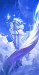  1girl absurdres aliasing blue_sky blue_theme building closed_eyes clouds coat commentary english_commentary fantasy floating_hair glitch highres long_hair long_sleeves open_mouth original outstretched_arms profile ruins scenery sky solo standing wushier 