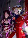  2girls absurdres androgynous black_sclera blush breasts brown_hair cape colored_sclera curvy dancer dorothea_arnault fire_emblem fire_emblem:_three_houses fire_emblem_heroes grima_(fire_emblem) hair_ornament hegemon_edelgard highres horns large_breasts long_hair long_sleeves looking_at_viewer monster monster_girl multiple_girls open_mouth red_eyes sabergoetia simple_background smile upper_body white_hair 