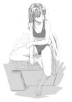  1girl absurdres aihara_akito barefoot bed_sheet collarbone highres long_hair looking_away messy_hair monochrome natsuki_(new_normal) new_normal no_mask on_bed simple_background sitting underwear underwear_only 
