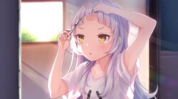  1girl armpits bangs blunt_bangs blush collarbone cutting_own_hair forehead hair_down highres holding holding_scissors hololive kugatsu_tooka long_hair murasaki_shion scissors shirt short_eyebrows short_sleeves silver_hair solo t-shirt triangle_mouth upper_body virtual_youtuber white_shirt yellow_eyes 