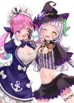  2girls anchor_symbol breasts eyebrows_visible_through_hair hat hitsujisnow hololive medium_breasts minato_aqua murasaki_shion navel one_eye_closed open_mouth sailor_hat thighs twintails violet_eyes virtual_youtuber white_background wink witch_hat yellow_eyes 