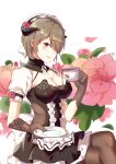  1girl :d absurdres bangs black_gloves black_legwear brown_hair cup flower gloves hair_flower hair_ornament highres holding holding_cup honkai_(series) honkai_impact_3rd leggings maid maid_headdress open_mouth red_flower red_rose rita_rossweisse rita_rossweisse_(umbral_rose) rose short_hair short_sleeves smile solo spilling tea teacup violet_eyes white_background yu_xiu 