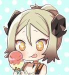  +_+ 1919_decoy 1girl arknights bikini blonde_hair blue_background blush chibi choker demon_horns food hair_between_eyes holding holding_food horns ice_cream_cone ifrit_(arknights) ifrit_(sunburn)_(arknights) official_alternate_costume orange_choker pendant_choker ponytail portrait short_hair simple_background solo swimsuit tongue tongue_out yellow_eyes 