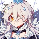  +_+ 1girl antenna_hair bangs blue_background blue_dress braid closed_mouth crown dress earrings hair_between_eyes hair_ornament honkai_(series) honkai_impact_3rd jewelry kiana_kaslana kiana_kaslana_(herrscher_of_the_void) long_hair looking_at_viewer meadow_(morphinecaca) one_eye_closed portrait simple_background smile solo two-tone_background white_background white_hair yellow_eyes 