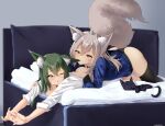  2girls absurdres ahoge animal_ear_fluff animal_ears bed black_cat black_choker black_legwear black_panties blue_jacket cat choker commission fox_ears fox_girl fox_tail green_eyes green_hair highres jacket large_tail long_sleeves looking_at_another lying mouth_hold multiple_girls on_bed on_stomach one_eye_closed original panties parted_lips shirt silver_hair steeb stretch tail thigh-highs underwear white_shirt yellow_eyes yuri 