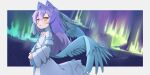  1girl animal_ear_fluff animal_ears aurora bangs bare_shoulders blue_wings blush brown_eyes commentary commission detached_sleeves dress eyebrows_visible_through_hair feathered_wings hair_between_eyes hands_together juliet_sleeves kuro_kosyou long_hair long_sleeves looking_at_viewer low_wings original own_hands_together parted_lips puffy_sleeves purple_hair see-through skeb_commission sleeveless sleeveless_dress solo veil very_long_hair white_dress white_sleeves wide_sleeves wings 