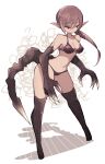  1girl animal_hands bare_shoulders black_legwear bra brown_bra brown_hair brown_panties claws closed_mouth dot_nose fewer_digits full_body lamb-oic029 legs_apart monster_girl navel original panties pointy_ears ponytail red_eyes smile solo standing tail thigh-highs underwear underwear_only 