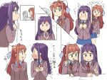  2girls blazer blush bow brown_hair doki_doki_literature_club green_eyes holding holding_pen jacket long_hair monika_(doki_doki_literature_club) multiple_girls multiple_views nervous pen ponytail purple_hair school_uniform smile translation_request tsubobot violet_eyes white_bow yuri_(doki_doki_literature_club) 