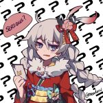  1girl ? antenna_hair bangs blue_eyes chinese_text hair_between_eyes hair_ornament holding holding_phone honkai_(series) honkai_impact_3rd japanese_clothes kiana_kaslana kimono long_hair long_sleeves looking_to_the_side meadow_(morphinecaca) open_mouth phone red_kimono simplified_chinese_text solo speech_bubble white_background white_hair 