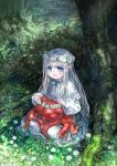  1girl absurdres blue_eyes creature creature_on_lap dress head_wreath highres huge_filesize long_hair michihisa! original silver_hair white_dress 