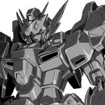  facing_down greyscale highres huckebein_30 kumichou_(ef65-1118-ef81-95) mecha monochrome no_humans science_fiction solo super_robot_wars super_robot_wars_30 unfinished upper_body v-fin white_background 
