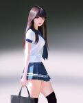  1girl absurdres bag bangs black_legwear blue_skirt brown_hair gradient gradient_background grey_background handbag highres lipstick long_hair looking_at_viewer makeup original parted_lips shirt short_sleeves skirt solo standing thigh-highs white_shirt wonbin_lee 