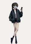  1girl absurdres bare_legs black_footwear black_jacket black_shorts blue_eyes brown_hair cellphone crossed_legs full_body grey_background hand_up highres holding holding_phone jacket long_hair looking_at_viewer mask mouth_mask open_clothes open_jacket original phone shirt short_shorts shorts simple_background smartphone solo twintails white_mask white_shirt yoon_cook 