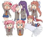  4girls bangs black_legwear blazer blush bow breasts brown_hair doki_doki_literature_club green_eyes hair_bow hair_ornament hairclip jacket long_hair monika_(doki_doki_literature_club) multiple_girls multiple_views natsuki_(doki_doki_literature_club) open_mouth over-kneehighs pink_eyes pink_hair ponytail purple_hair ribbon sayori_(doki_doki_literature_club) school_uniform short_hair skirt smile squid thigh-highs tsubobot violet_eyes white_bow yuri_(doki_doki_literature_club) 