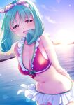  1girl absurdres aqua_hair arms_behind_back bikini blue_sky breasts brown_eyes clouds curly_hair food_print frilled_bikini frills hairband highres idolmaster idolmaster_million_live! looking_at_viewer medium_breasts mikapoe navel ocean open_mouth outdoors red_bikini sky solo strawberry_print sun sunset swimsuit tokugawa_matsuri 