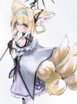  1girl animal_ears arknights bare_shoulders blonde_hair blue_hairband braid commentary croquette_crab dress earpiece fox_ears fox_girl fox_tail gloves green_eyes hairband holding holding_staff kitsune looking_at_viewer looking_back multicolored_hair multiple_tails oripathy_lesion_(arknights) purple_dress short_hair simple_background single_glove solo staff streaked_hair suzuran_(arknights) tail white_background white_hair 