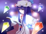  1girl card casting_spell chair couch crystal light_bulb patchouli_knowledge purple_background spell spell_card standing touhou yuu_(yuem) 