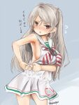  1girl akino_shuu blue_eyes blush breasts clothes_writing conte_di_cavour_(kancolle) cosplay cowboy_shot dress flying_sweatdrops grey_background kantai_collection libeccio_(kancolle) libeccio_(kancolle)_(cosplay) long_hair neckerchief open_mouth sailor_collar sailor_dress sideboob silver_hair sleeveless solo twitter_username two_side_up white_dress white_sailor_collar 