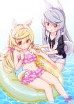  2girls animal_ear_fluff animal_ears bangs bare_arms bare_shoulders bikini bikini_under_clothes black_bikini blonde_hair breasts brown_eyes closed_mouth commentary_request dog_ears dog_girl dog_tail eyebrows_visible_through_hair flower grey_hair hair_between_eyes hair_ornament hair_scrunchie highres hood hood_down hooded_jacket innertube jacket jewelry long_hair long_sleeves low_twintails multiple_girls navel open_clothes open_jacket original parted_lips pendant pink_bikini pink_scrunchie sansei_rain scrunchie short_shorts shorts small_breasts smile standing swimsuit tail twintails very_long_hair water wavy_mouth white_flower white_jacket white_shorts 
