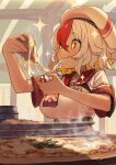  1girl blonde_hair blush cheese_trail eating eyebrows_visible_through_hair food hat highres holding holding_food holding_pizza moutama multicolored_hair original pizza pizza_slice red_eyes redhead shorts smile solo steam upper_body white_hair 