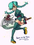  1girl annie_(skullgirls) eyepatch flat_chest green_hair highres jumping looking_back puppet skirt skirt_hold skullgirls star_(symbol) sword thigh-highs twintails weapon wind wind_lift yellow_eyes 