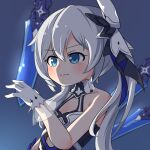  1girl bangs bare_shoulders basukechi blue_background blue_eyes closed_mouth gloves hair_between_eyes hair_ornament highres honkai_(series) honkai_impact_3rd looking_ahead side_ponytail simple_background solo theresa_apocalypse theresa_apocalypse_(twilight_paladin) v-shaped_eyebrows white_gloves white_hair 