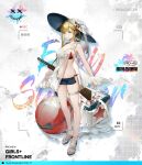  1girl bag ball beach bikini blonde_hair blue_eyes braid breasts camera_phone character_name cherry cherry_hair_ornament closed_mouth collarbone commentary commentary_request copyright_name english_commentary eyebrows_visible_through_hair floor food food-themed_hair_ornament french_braid fruit girls_frontline gun hair_ornament hat highres holding holding_weapon ice legs long_hair looking_at_viewer multicolored multicolored_bikini multicolored_clothes multicolored_swimsuit navel official_art ppd-40_(girls_frontline) red_star sandals shuaigegentou simple_background small_breasts smile solo standing star_(symbol) star_print submachine_gun summer sun_hat swimsuit viewfinder weapon white_headwear 