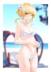  1girl absurdres bare_arms bare_shoulders beach bikini blonde_hair blurry breasts choker cowboy_shot depth_of_field flower genshin_impact hair_flower hair_ornament highres hiki_niito looking_at_viewer lowleg lowleg_bikini lumine_(genshin_impact) medium_hair outside_border shadow short_hair_with_long_locks small_breasts solo string_bikini swimsuit thighs white_bikini white_choker white_flower yellow_eyes 