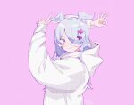  +_+ 1girl blue_hair blush dragon_girl elira_pendora hair_over_one_eye head_wings highres hood hoodie looking_to_the_side moonie nijisanji nijisanji_en ok_sign one_eye_covered purple_background smile solo twitter_username upper_body v virtual_youtuber white_hoodie 