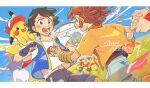  2boys ash_ketchum blue_jacket blush brown_eyes brown_hair clouds commentary_request day falinks gen_1_pokemon gen_8_pokemon green_eyes hatted_pokemon holding_hands jacket koko_(pokemon) letterboxed male_focus multiple_boys open_mouth outdoors pikachu pokemon pokemon_(anime) pokemon_(creature) pokemon_m23 rate_(naze_besu_latte) rillaboom shirt short_hair short_sleeves shorts sky sleeveless sleeveless_jacket smile t-shirt teeth white_shirt 