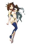  1girl absurdres bangs bikini black_hair black_legwear bracelet breasts detached_sleeves earrings fate/grand_order fate_(series) full_body gold_trim hair_ribbon highleg highleg_bikini highres hoop_earrings hyperbudd ishtar_(fate) ishtar_(fate)_(all) jewelry long_hair looking_at_viewer medium_breasts mismatched_bikini navel neck_ring open_mouth parted_bangs red_eyes ribbon single_detached_sleeve single_thighhigh smile solo sweat swimsuit thigh-highs tiara two_side_up 