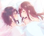  2girls absurdres adachi_sakura adachi_to_shimamura bed blue_hair blush brown_hair collarbone highres lens_flare long_hair looking_at_another multiple_girls nude pillow shimamura_hougetsu short_hair sleeping smile sorimachi-doufu sunlight under_covers yellow_eyes yuri 