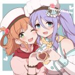  2girls :d alternate_costume asymmetrical_docking bangs bare_shoulders blue_eyes blush breast_press breasts brown_hair cookie detached_sleeves eyebrows_visible_through_hair fizz_(pixiv34498626) food green_eyes hair_between_eyes hair_ornament hair_rings hat heart heart_hands highres large_breasts multiple_girls official_alternate_costume one_eye_closed open_mouth princess_connect! purple_hair rino_(princess_connect!) shizuru_(princess_connect!) side_ponytail small_breasts smile valentine 