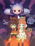  5girls aqua_eyes blue_eyes boots brown_hair chibi cleavage_cutout cloak clothing_cutout commentary crown domino_mask el_condor_pasa_(umamusume) gold_ship_(umamusume) grass_wonder_(umamusume) green_eyes hair_intakes highres holding holding_staff king_halo_(umamusume) long_hair mage_staff mask medium_request multiple_girls mystical_high_collar official_alternate_costume red_eyes seiun_sky_(umamusume) sidelocks staff umamusume white_hair 