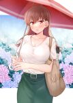  1girl blue_flower breasts brown_eyes brown_hair flower green_skirt holding holding_umbrella hydrangea kantai_collection large_breasts long_hair ooi_(kancolle) outdoors purple_flower rain red_umbrella rui_shi_(rayze_ray) shirt short_sleeves skirt solo umbrella white_shirt 