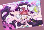  4girls blush callie_(splatoon) dark-skinned_female dark_skin food food_on_head hug hug_from_behind kiss kissing_cheek looking_at_viewer marie_(splatoon) marina_(splatoon) multicolored_hair multiple_girls object_on_head pearl_(splatoon) photo_(object) pointy_ears selfie setispaghetti smile splatoon_(series) splatoon_1 splatoon_2 tentacle_hair two-tone_hair upper_body yuri 