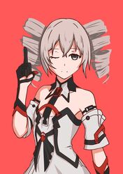  1girl absurdres bangs bare_shoulders black_gloves bronya_zaychik bronya_zaychik_(drive_kometa) closed_mouth defaultkavy drill_hair gloves grey_eyes grey_hair hair_between_eyes highres honkai_(series) honkai_impact_3rd index_finger_raised looking_at_viewer one_eye_closed red_background simple_background smile solo twin_drills 