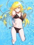  1girl absurdres bangs black_swimsuit blonde_hair blush_stickers breasts bunoshii eyebrows_visible_through_hair from_above highres long_hair looking_at_viewer loose_bikini monogatari_(series) navel oshino_shinobu parted_bangs small_breasts solo swimsuit water yellow_eyes 