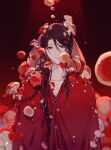  1boy bangs bleeding blood brown_eyes brown_hair buttons chinese_commentary closed_mouth commentary_request empty_eyes highres long_hair lord_of_the_mysteries mr_a mushroom red_background red_mushroom red_robe robe shaoyun771 solo 