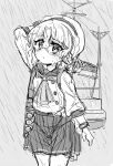  1girl :t arm_up bangs blush glasses gloves greyscale hat hirato_(kancolle) junes kantai_collection long_sleeves monochrome neckerchief pleated_skirt pout rain rigging sailor_collar school_uniform serafuku short_hair sketch skirt solo wet wet_clothes 