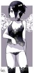  1girl arm_behind_back border bright_pupils choker closed_mouth lamb-oic029 lowleg lowleg_panties monochrome navel nightgown original panties purple_theme short_hair signature solo standing underwear white_border white_pupils 