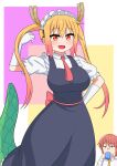  2girls absurdres arm_behind_back blonde_hair breasts collared_shirt colored_tips cup dragon_girl dragon_horns dragon_tail dress drinking eyebrows_visible_through_hair fang glasses gloves green_tail hand_in_hair highres holding holding_cup horns kobayashi-san_chi_no_maidragon kobayashi_(maidragon) large_breasts long_hair looking_at_another looking_at_viewer maid maid_headdress mug multiple_girls necktie open_mouth orange_eyes orange_hair pinafore_dress red_eyes red_neckwear redhead shirt short_hair short_necktie solo_focus tail the_only_shoe tohru_(maidragon) twintails waist_bow white_gloves yellow_neckwear 