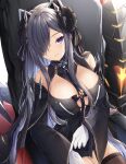  1girl absurdres animal_ears august_von_parseval_(azur_lane) azur_lane bangs bare_shoulders black_dress black_hair black_sleeves breasts brown_legwear commentary_request curled_horns detached_sleeves dress fake_animal_ears gloves hair_over_one_eye highres horns kiri_celea large_breasts long_sleeves looking_at_viewer parted_lips signature sitting sleeveless sleeveless_dress sleeves_past_wrists solo thigh-highs violet_eyes white_gloves wide_sleeves 