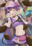  1girl bag bangs blonde_hair blurry blurry_background blush brown_gloves character_request collarbone crop_top eyebrows_visible_through_hair fangs gloves grey_eyes handbag highres midriff navel one_eye_closed open_mouth princess_connect! purple_shirt purple_skirt shirt skirt smile solo stomach tamago_tyoko_(ijen0703) 